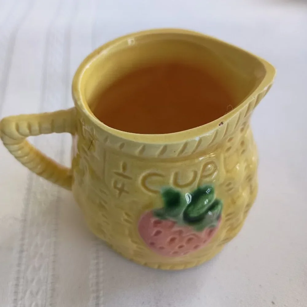 Vintage Ceramic Strawberry Basket Weave Pitcher Measuring Cup Set